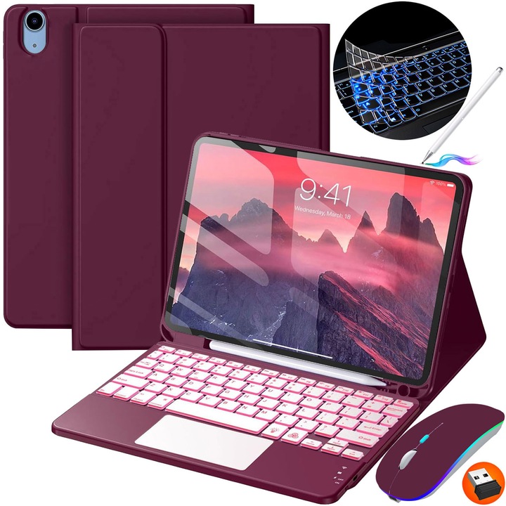 Husa Cu Tastatura Touchpad, JODAKOR®, Pentru iPad Air 11 inch (M2, 2024/M3 2025) si Air 4/5 Gen., Fara fir, Bluetooth, Iluminare De Fundal in 7 Culori, Cu Stilou, Mouse, Membrana Din Silicon Pentru Tastatura, rosu