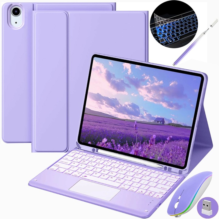 JODAKOR® billentyűzetes tok érintőpaddal, iPad Air 11 hüvelykes (M2, 2024/M3 2025) és Air 4/5 Gen. modellekhez, vezeték nélküli, Bluetooth, 7 színű háttérvilágítás, tollal, egérrel, szilikon billentyűzetmembránnal, lila