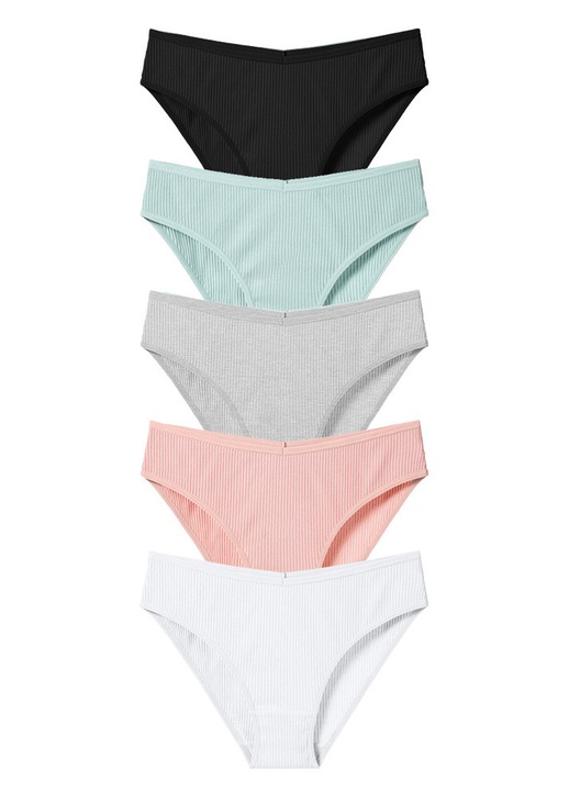 Set de 5 chiloti dama bumbac, Alb/Verde/Negru/Gri/Roz