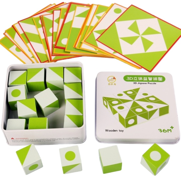Joc educativ Montessori din lemn, MzcrJosv®, Cuburi puzzle 3D pentru copii, dezvoltare logica, imaginatie, coordonare mana-ochi, jucarie interactiva de invatare timpurie, Baieti / fete, verde
