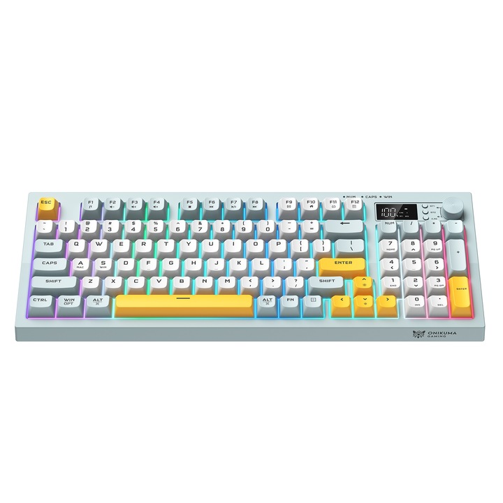 Геймърска клавиатура, DomestiQ, модел Onikuma G80 – безжична, 94 клавиша, трирежимна свързаност (Bluetooth 5.0 / 2.4 GHz / USB-C), OLED екран и многофункционален бутон, RGB осветление, PBT
