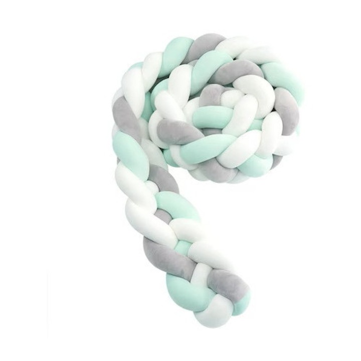 Protectie laterala patut bebelusi, impletita, Bumper, lungime 2 m, material antialergic, 3 culori gri, bleu, alb, Funny Party Team®