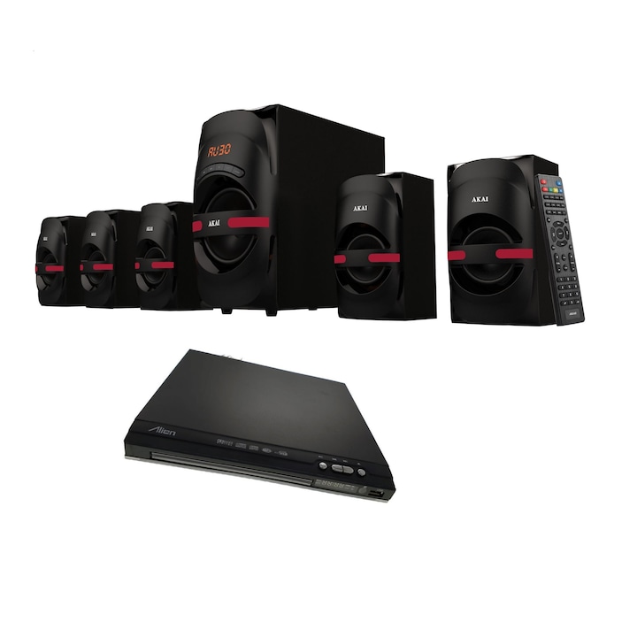 AKAI Professional, 5.1 Hangrendszer, Aktív mélynyomóval, 105 W teljesítmény, RMS, és Alien USB DVD-lejátszó, Fekete / Piros