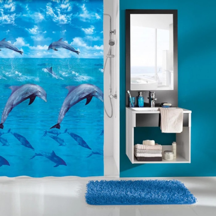Perdea dus Kleine Wolke Dolphin 34287, model marin, albastru, 180 x 200 cm