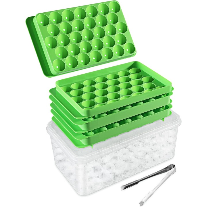 3 darabos műanyag jégkocka forma szett, tárolódobozzal és csipesszel, gömb alakú jégkockákhoz, koktélokhoz, kávéhoz, teához, whiskyhez, zöld/átlátszó