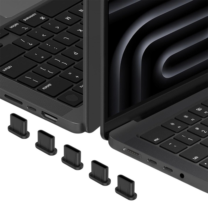 Set 5 bucati Dop Anti-praf Port Type C pentru Laptop Dell, Rezistente la Praf, Lichide, Silicone Anti-dust Plug, USB-C, Durabile, Easy to Insert, Capac de Praf, Dimensiune Practica, Negru