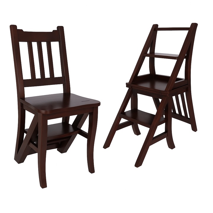 Scaun multifunctional din lemn masiv, transformabil in scara 2 in 1, finisaj nuc