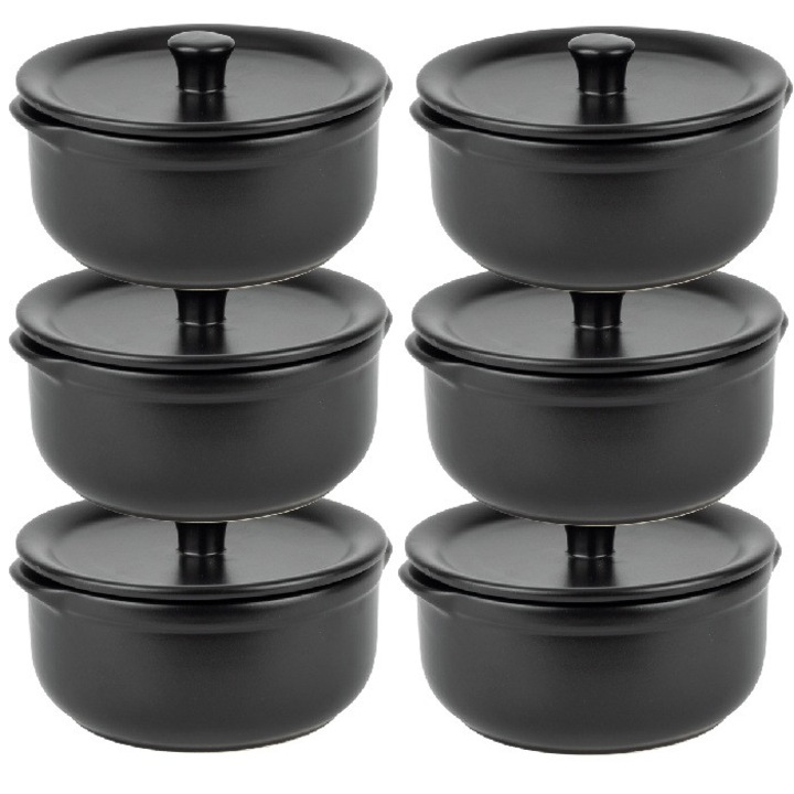 Set 6 Vase de copt si servit ceramice cu capac CULINARO, D14xh6, 6cm, 600ml, negru mat
