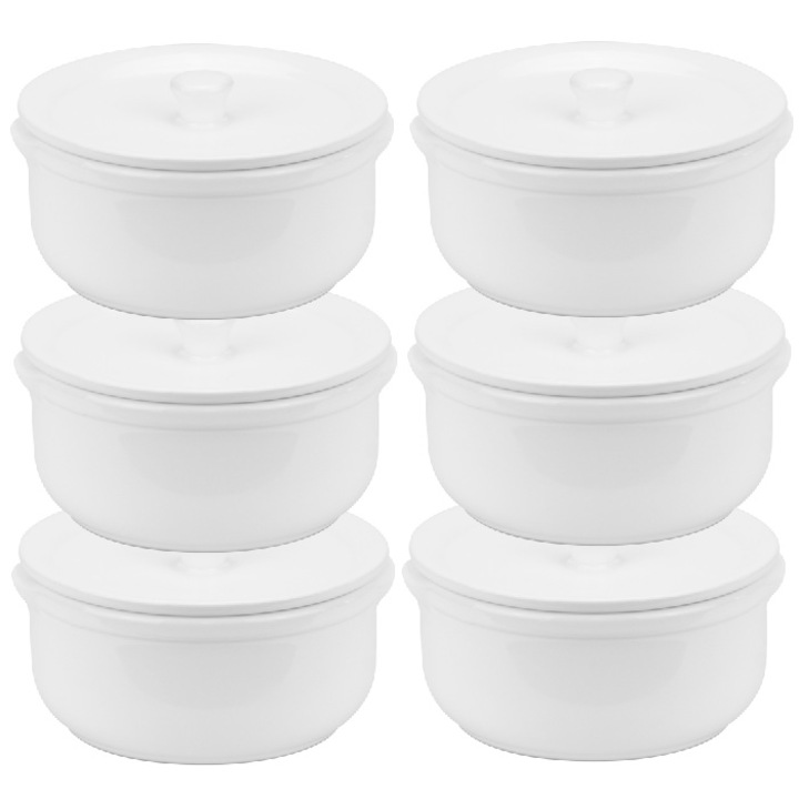 Set 6 Vase de copt si servit ceramice cu capac CULINARO, D14xh6, 6cm, 600ml, alb