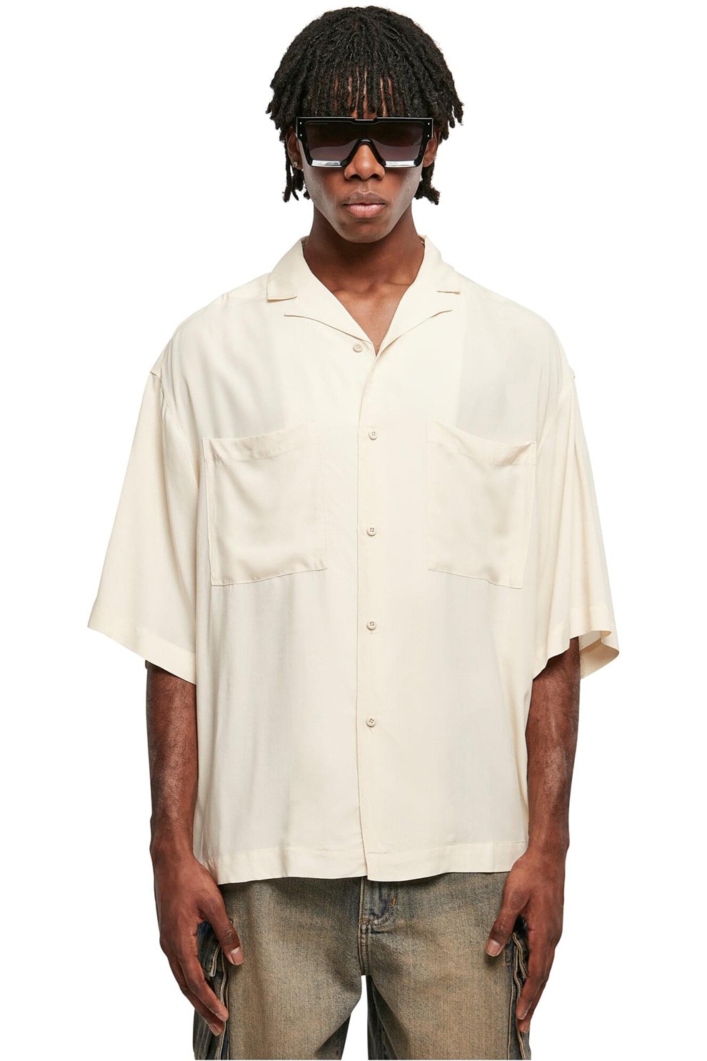 Urban Classics, Camasa supradimensionata cu buzunare pe piept, Crem, S