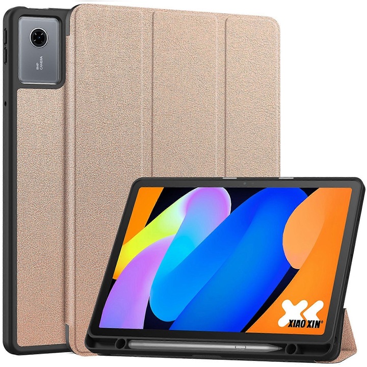 Трисекционен калъф за таблет за Lenovo Tab M11, от PU кожа, със слот за стилус, черен цвят