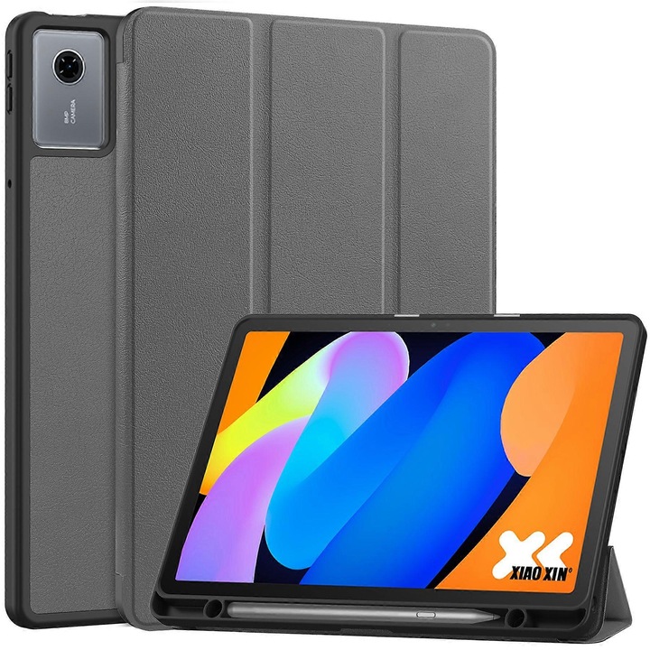 Три-сгъваем калъф за таблет за Lenovo Tab M11, от PU кожа, със слот за стилус, черен цвят