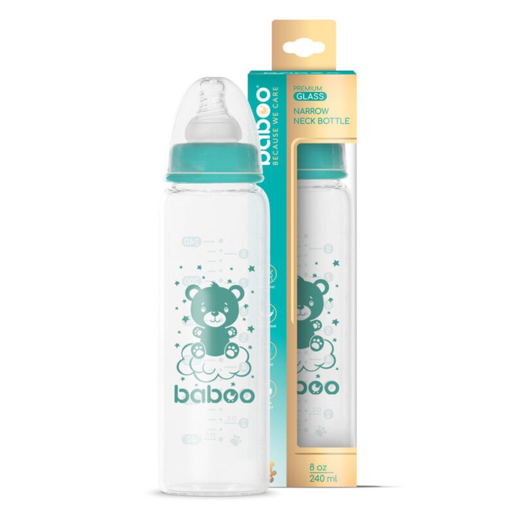 Biberon Din Sticla Anticolici Baboo - Gat Stramt, 240 ml, 3 luni+