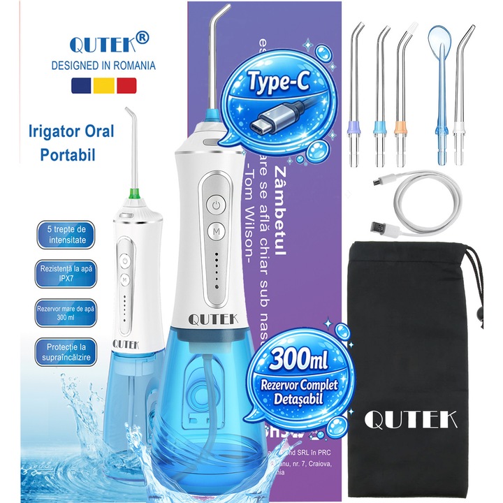 Irigator Bucal tip Dus Bucal Portabil, QUTEK® SMILE, Oral, Gura, 1400 pulsatii/min, baterie 2500mAh, 5 Programe, Timer 2 minute, Rezervor 300ml, 5 Duze incluse, Incarcare Type-C, Protectie supraincalzire, Materiale non-toxice, Alb