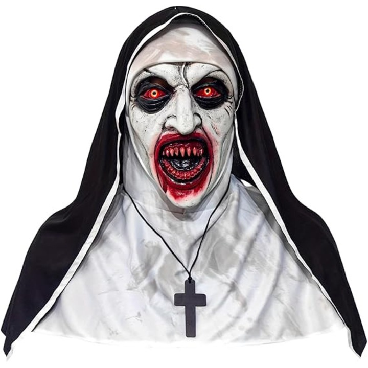 Страшна маска за Хелоуин на монахиня, с воал и огърлица с кръст, бяла