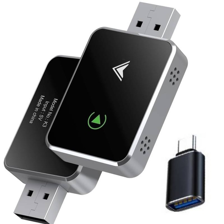 Adaptor wireless CarPlay si Android Auto 2 in 1, compatibil cu masini cu CarPlay sau Android Auto prin USB, cu adaptor USB, conectare automata, negru