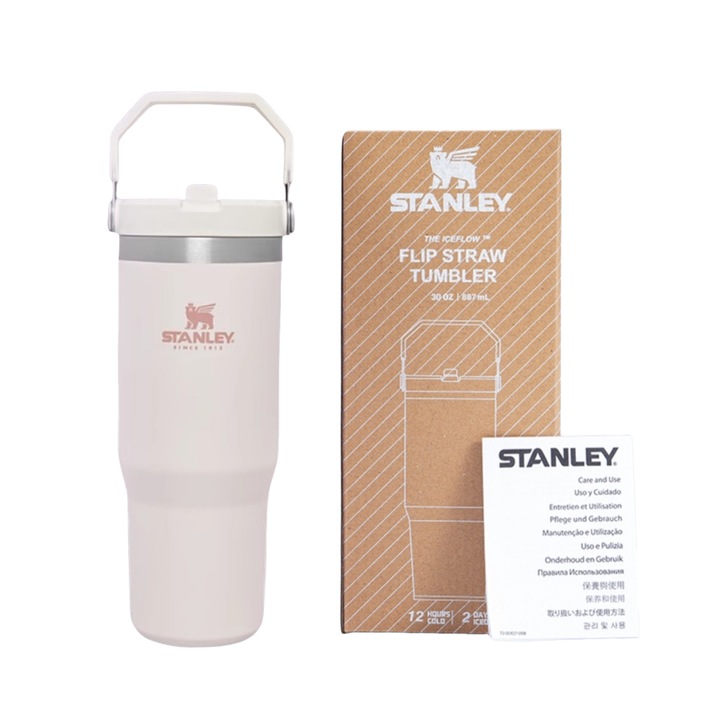 Термос с капак Flip Straw 2.0, Stanley, 30 oz, светлорозов, от рециклируема неръждаема стомана, устойчив на течове, 900 мл