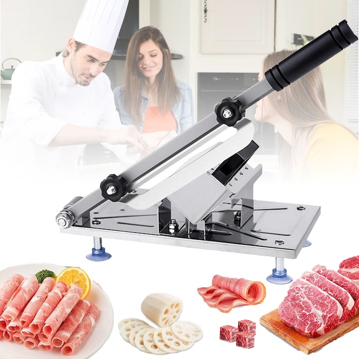 Feliator Manual, Suness, Fixare Stabila Pe Blat, Lama Din Otel Inoxidabil, pentru masina de feliat alimente de vita, oaie, bacon, usor de folosit, Inox, Argintiu