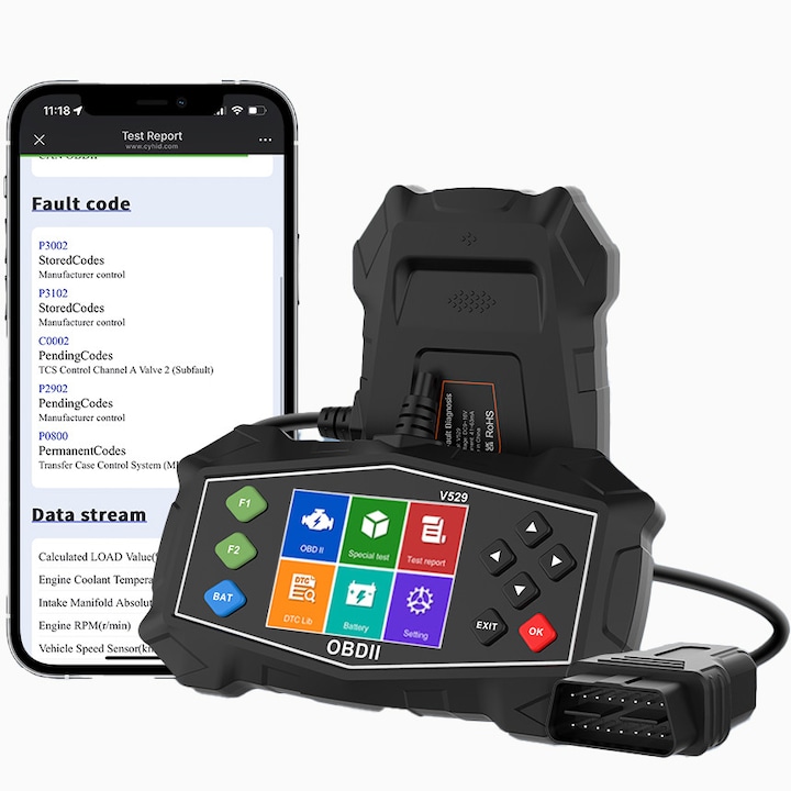 Tester Diagnoza Auto, Universal, V529 – Kód olvasás/törlés, 9 protokoll, Akkumulátor teszt, Adatfolyam, 6/8 mód, Többnyelvű, Plug & Play