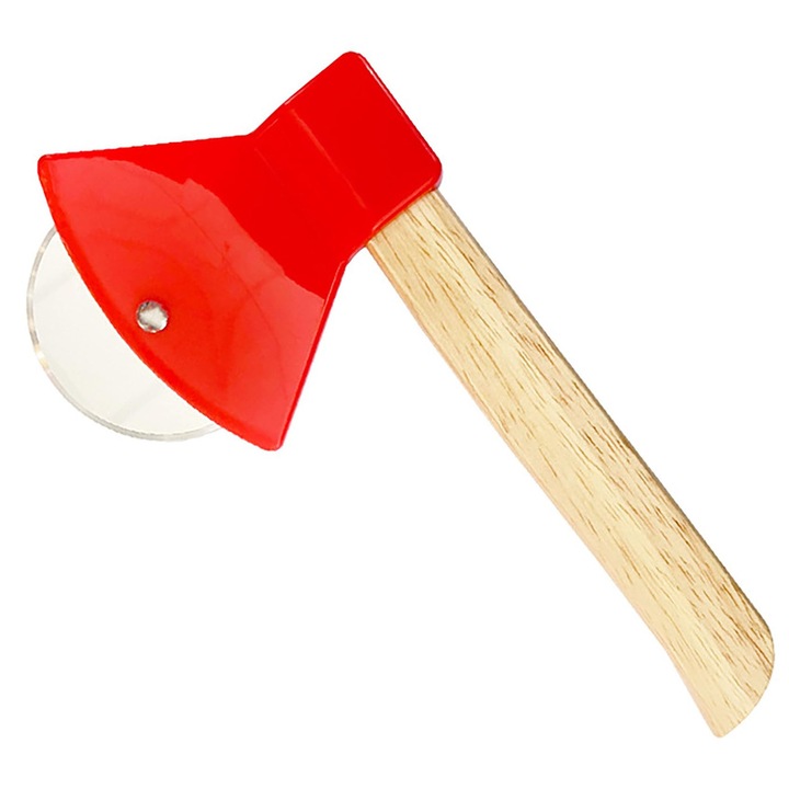 Taietor de pizza tip topor, rosu, manere din bambus, lama rotativa, 21cm