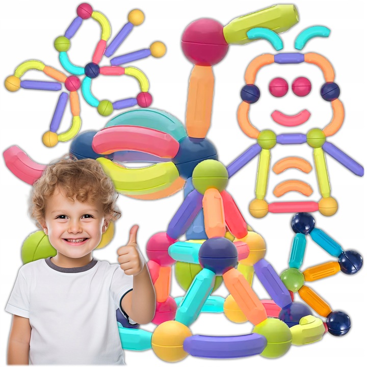 3D Mágneses Építőjáték készlet, 98 darab (rudak + golyók) – STEM oktatójáték, nagyméretű elemek, többszínű