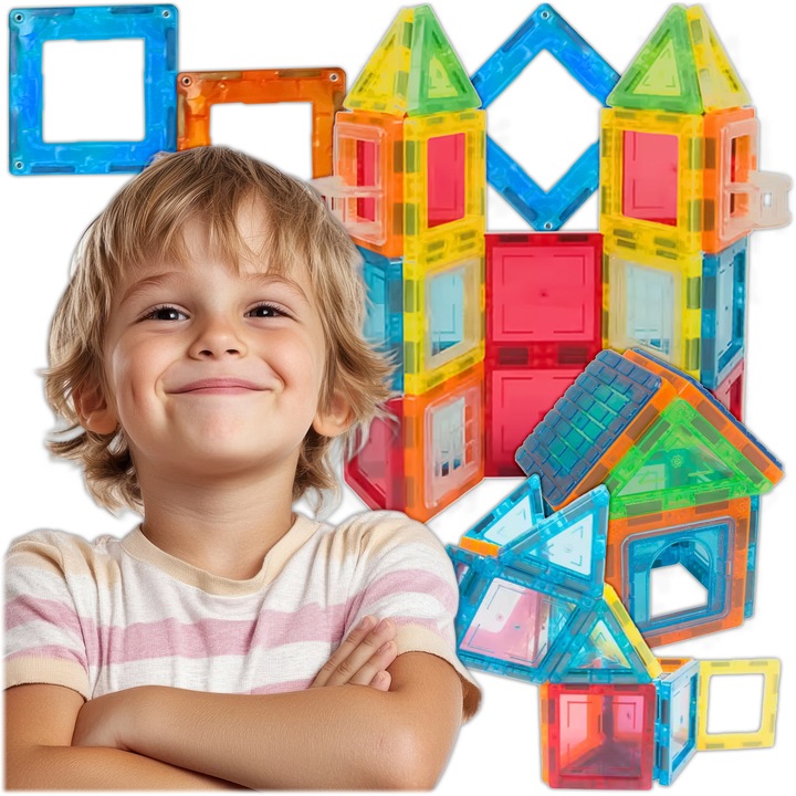 Комплект 3D магнитни плочки за деца, 45 части – образователни строителни блокчета, многоцветни, с платформа на колела