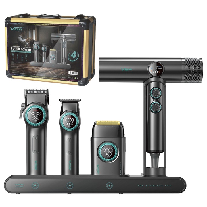 Set Masina De Tuns, Trimmer, Aparat De Ras, Uscator, Ponik's, Vgr Stepless Pro 4 In 1, 4 Dispozitive, Motor Cu Viteza Variabila 7000–9000 Rpm, Ecran Digital, Lama Cu Acoperire Dlc, 14 Capete De Distantare Incluse, Negru