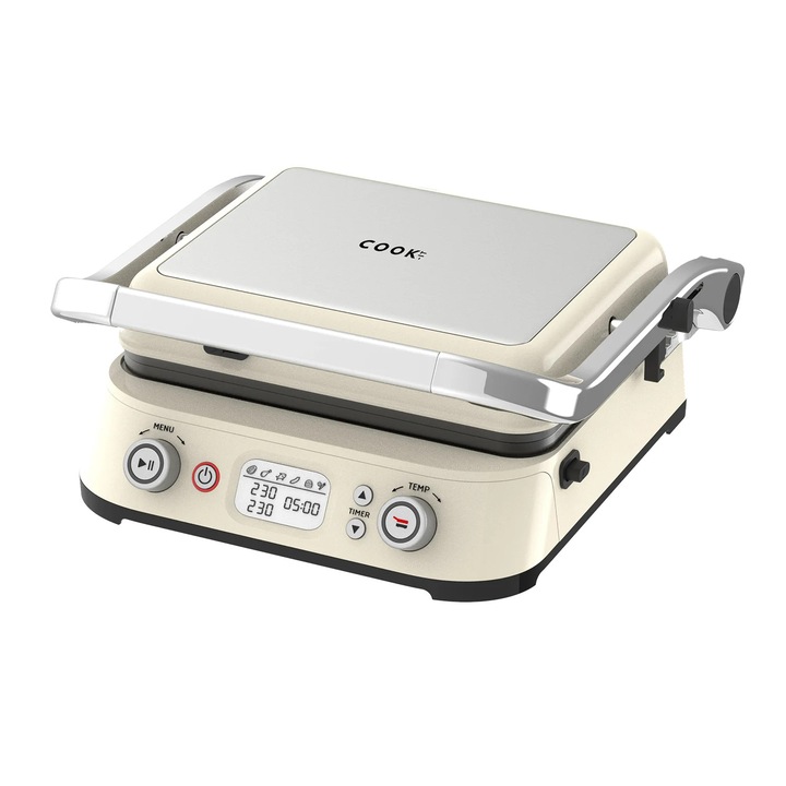COOK-IT Retro Grill – 1800W – Digitális kijelző – Állítható hőmérséklet és időzítő – Állítható lebegő rendszer – Hőálló Cooltouch fogantyú – Kivehető tapadásmentes lapok (PFAS-mentes) - Zárrendszer – Zsírgyűjtő tálca – Hőmérséklet szabályozás