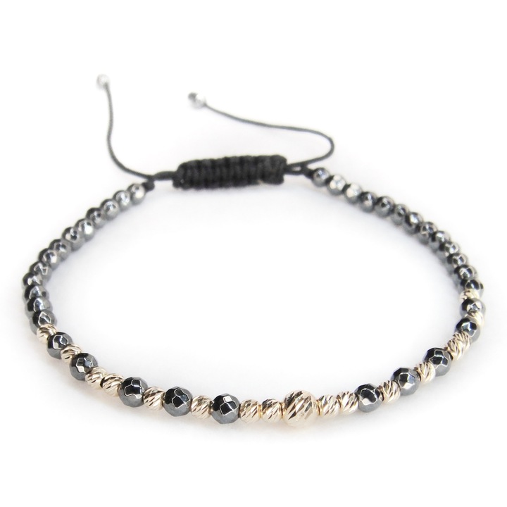 Bratara reglabila cu hematit gri, 16 bile aur 14k de 2.5 mm si una de 4 mm