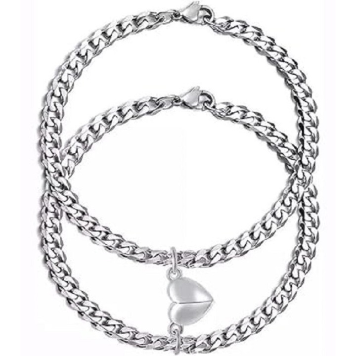 Set 2 bratari cuplu, pandantiv magnet inimioara, argintiu