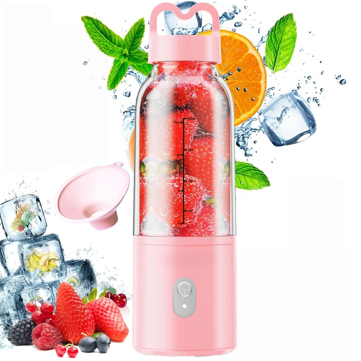 Личен преносим безжичен блендер 500 мл, 175W, презареждаема батерия 4000mAh, за смути, лед, сокове и обработка на храни, компактен и практичен, розов