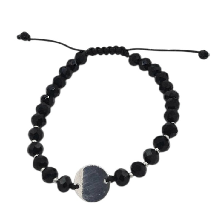 Bratara pe snur cu margele negre de cristal rondele 6 mm si 10 bilute si link banut 12 mm din Argint 925 lungime 18, 5 cm Adela