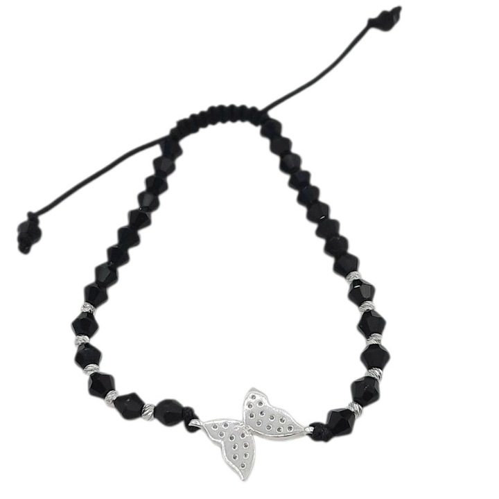Bratara pe snur cu margele negre de cristal biconice 4 mm si 10 bilute si link fluture cu pietre de zirconiu 18 mm din Argint 925 lungime 17 cm Alda