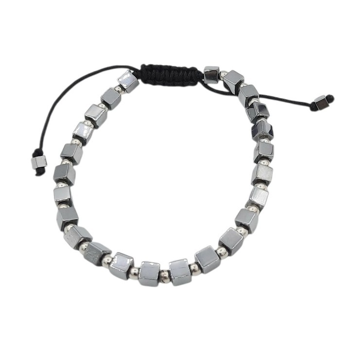 Bratara pe snur cu margele cubice din hematite 4 mm electroplacate si bilute din Argint 925 2 mm lungime 17, 5 cm Alma