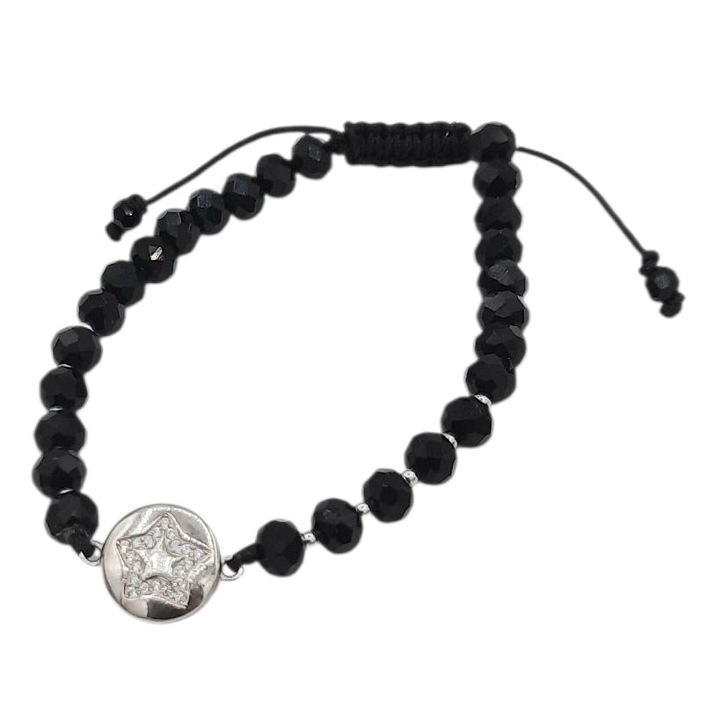 Bratara pe snur cu margele negre de cristal rondele 6 mm si 10 bilute si link banut cu stea de 16 mm din Argint 925 cu pietre de zirconiu lungime 17 cm Amanda