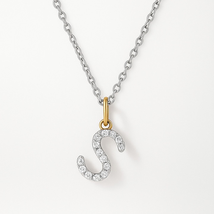 Lantisor cu initiala S din argint 925 + argint placat cu aur 18K, cu pietre zirconiu - litera S - ambalaj CADOU gratuit