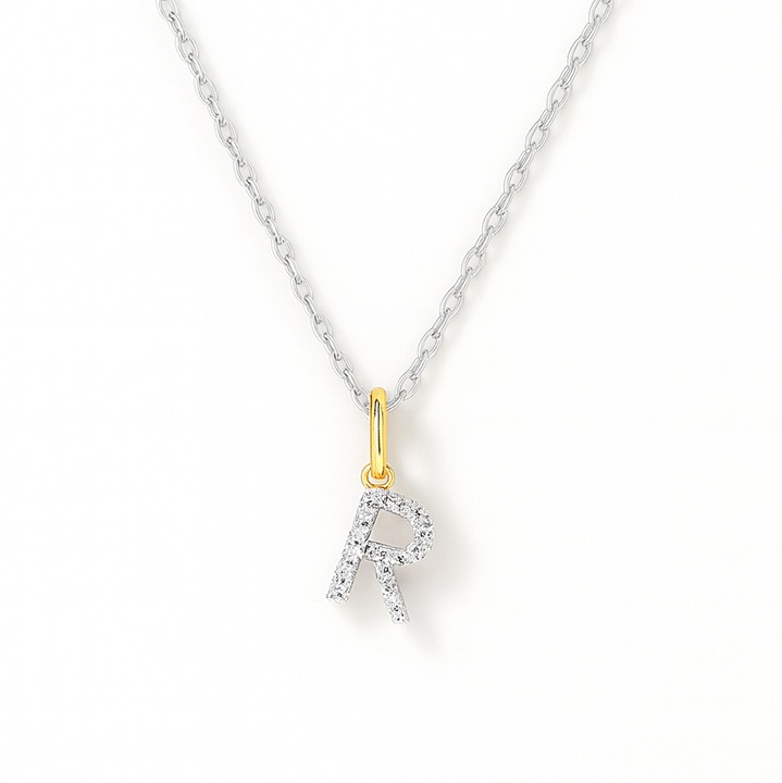 Lantisor cu initiala R din argint 925 + argint placat cu aur 18K, cu pietre zirconiu - litera R - ambalaj CADOU gratuit