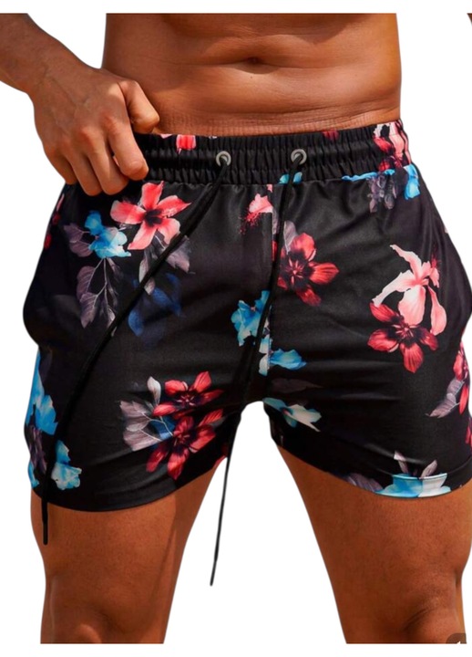 Бански, мъжки, с принт цветя, черни, М