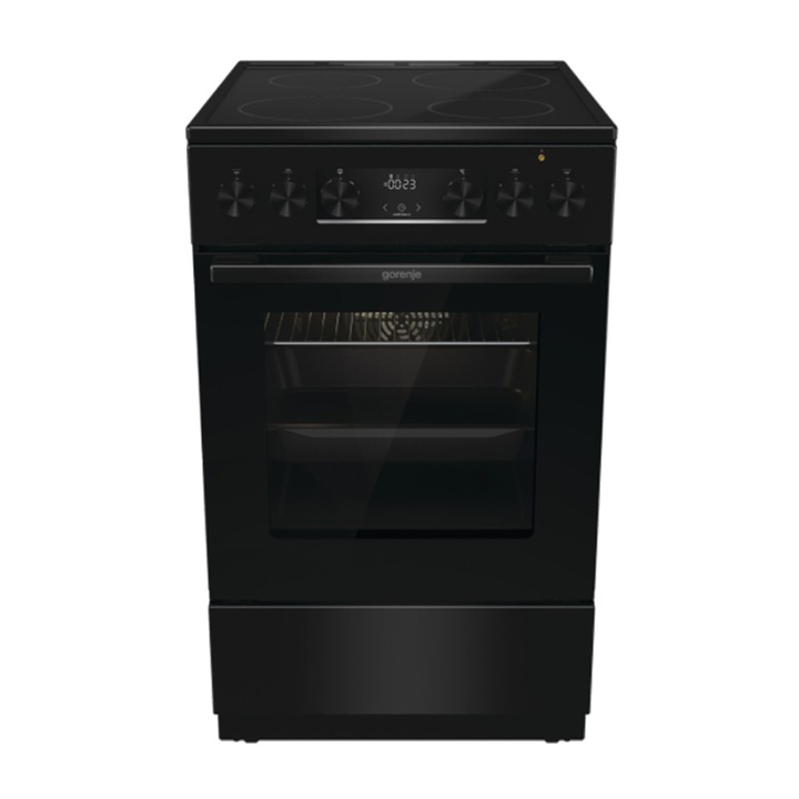 Aragaz electric Gorenje GEC5C40BG, Plita vitroceramica 4 zone, Cuptor multifunctional, PIzza, Autocuratare hidrolitica, 50 cm, 70 l, Clasa A, Negru