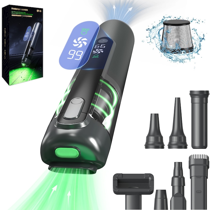 Aspirator auto portabil Q808, Putere aspirare 16500Pa, Baterie 2000mAh, Ecran Digital, Lumina LED, Aspirator portabil fara fir cu carcasa usoara din aluminiu, Aspirare umeda si uscata, Potrivit pentru masina, acasa si birou, Motor Brushless, Negru