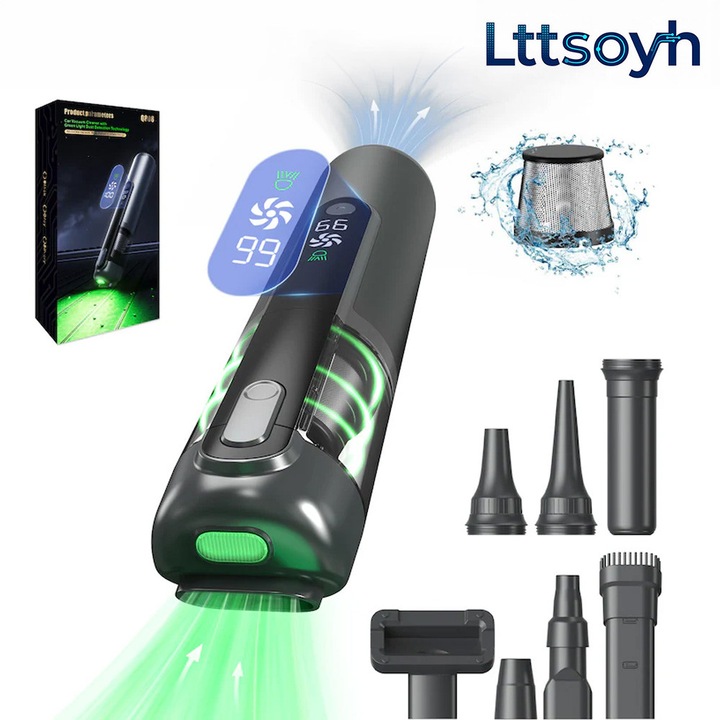 Aspirator auto portabil Q808, Putere aspirare 16500Pa, Baterie 2000mAh, Ecran Digital, Lumina LED, Aspirator portabil fara fir cu carcasa usoara din aluminiu, Aspirare umeda si uscata, Potrivit pentru masina, acasa si birou, Motor Brushless, Negru