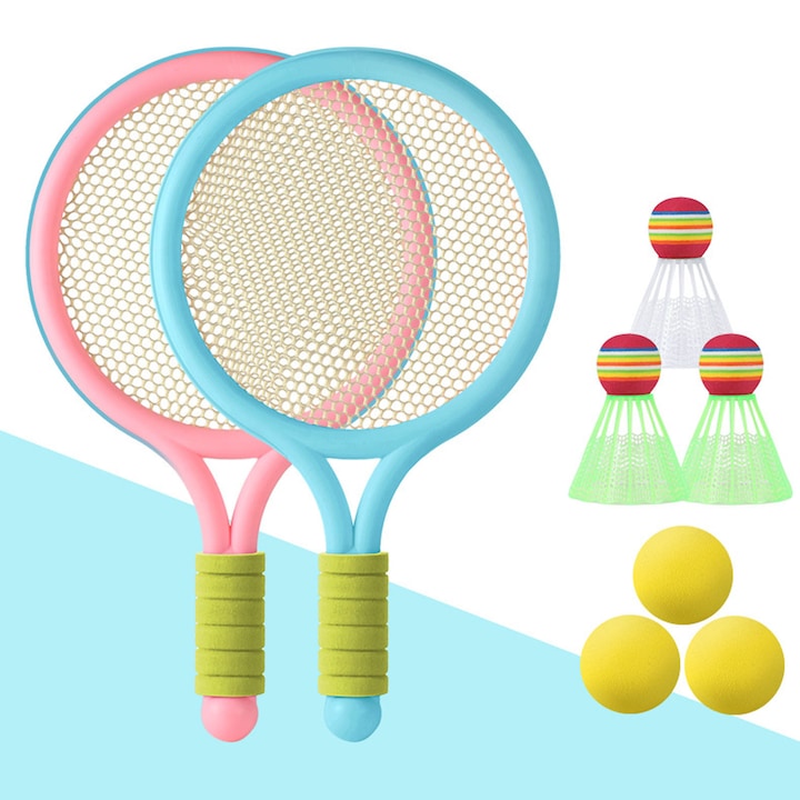 Set 2 rachete badminton pentru copii, ZGGZERG, Cu 6 minge, Maner anti alunecare (Culori aleatorii), Reduce vibratile, Ergonomica, Pentru activitati in aer liber si interactiune parinte-copil, PVC/EVA, 40*20cm, Roz + Albastru