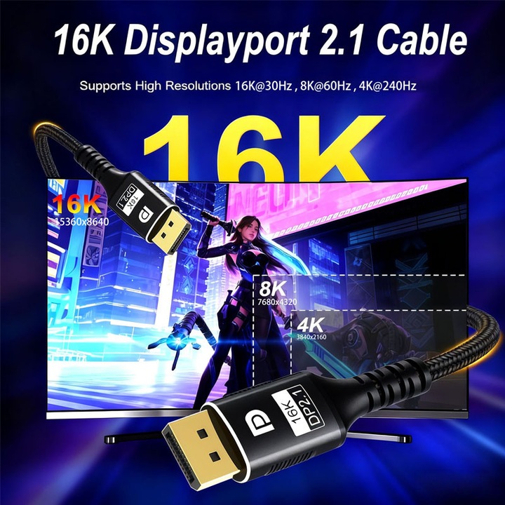 DisplayPort 2.1 kábel, 1 méter, 80Gbps, 16K/30Hz