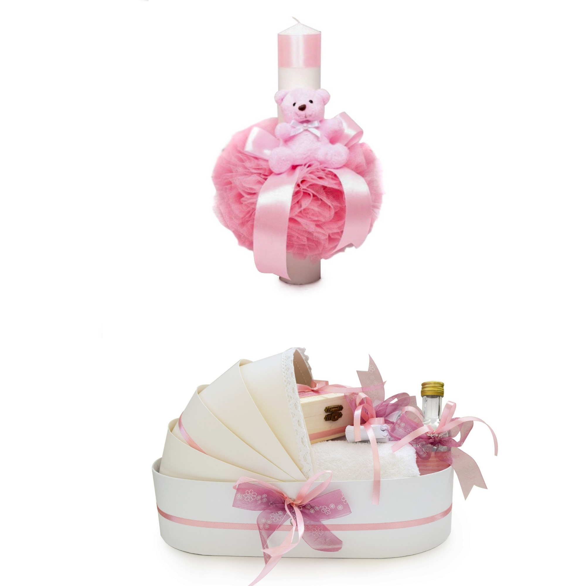 Trusou de botez complet biserica, cutie in forma de caleasca, roz 8 piese