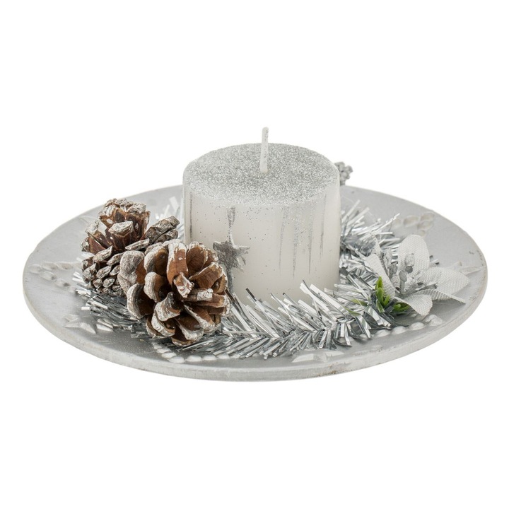 Karácsonyi Dísztálca, Gyertya, Ezüst Fenyőtobozok, 14cm, Ezüst, MYONNA IT & E- COMMERCE ®