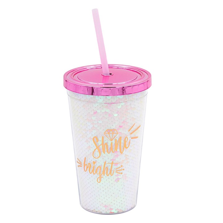 Pohár műanyag, holografikus modell, menetes fedél, szívószál, 0,5L űrtartalom, rózsaszín, MYONNA IT & E-COMMERCE ®
