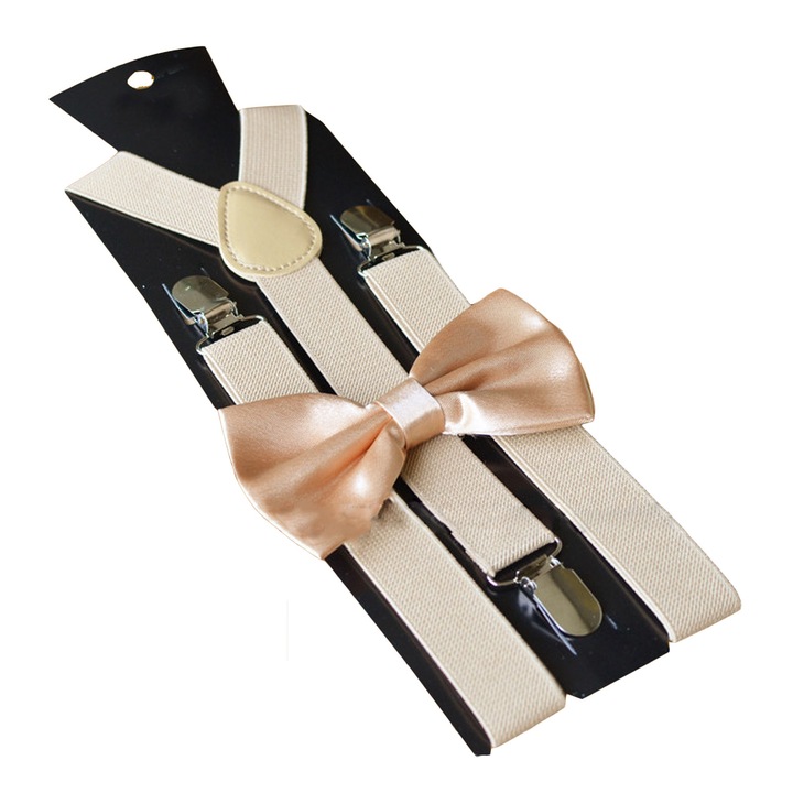 Set bretele si papion pentru barbati TRADERPLUS, elastic, model Y ajustabil, bretele late, BEJ