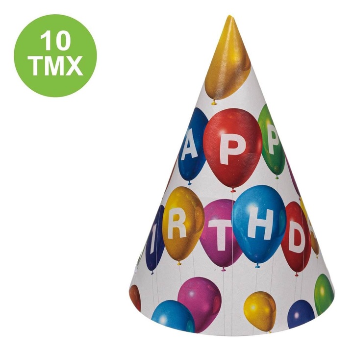 Парти шапки от картон, модел балони Happy Birthday, комплект 10 броя, многоцветни, 15 см, MYONNA IT & E- COMMERCE ®