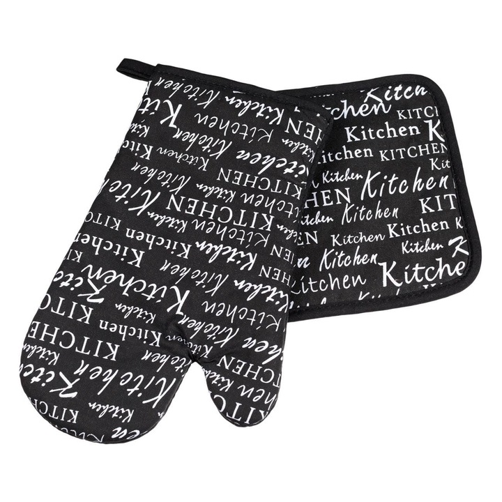 Set mănușă și șervețel termic, negru cu litere albe, 17x27cm și 17.5x17.5cm