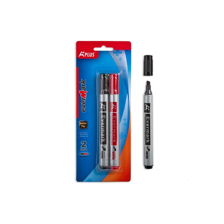 Set Markere Permanent Plus, Evemark, Varf Rotund, 2 Bucati, Culori Negru si Rosu, MYONNA IT & E- COMMERCE ®